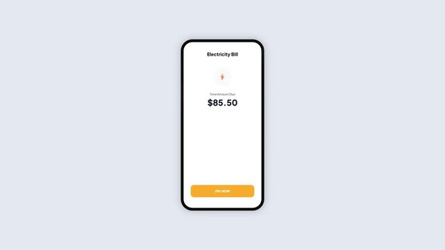 Electricity bill payment animation on a smartphone interface showing amount due and payment success