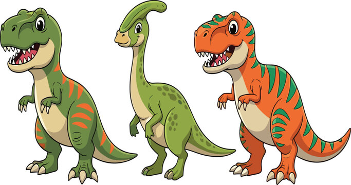 Three Cute Cartoon Dinosaurs &ndash; Green T-Rex, Parasaurolophus, and Orange T-Rex Illustration