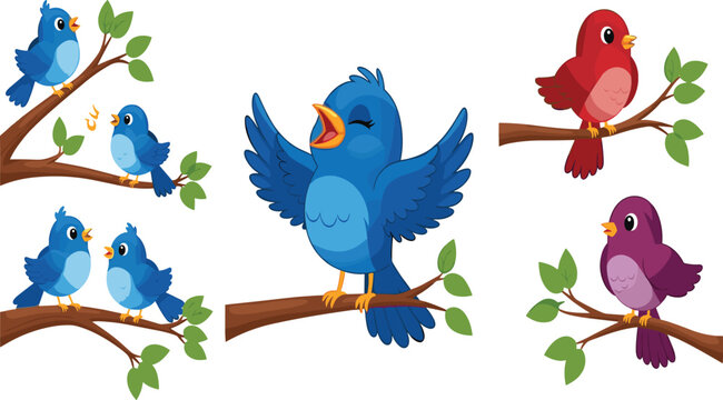 Colorful Cartoon Birds on Branches &ndash; Blue, Red and Purple Singing and Perching Bird Characters Illustration