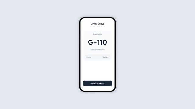 Mobile app interface showing virtual queue boarding info for airport terminal check-in status