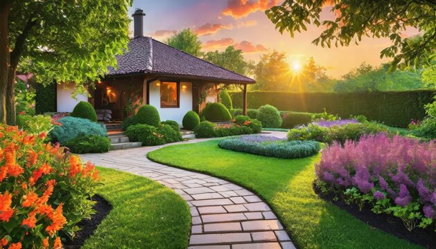 Upscale home garden at sunset