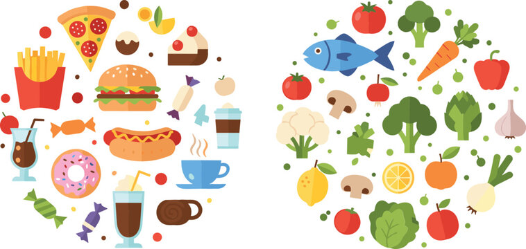 Healthy and unhealthy food concept vector illustration showing junk fast food items versus fresh organic fruits vegetables in colorful flat design style