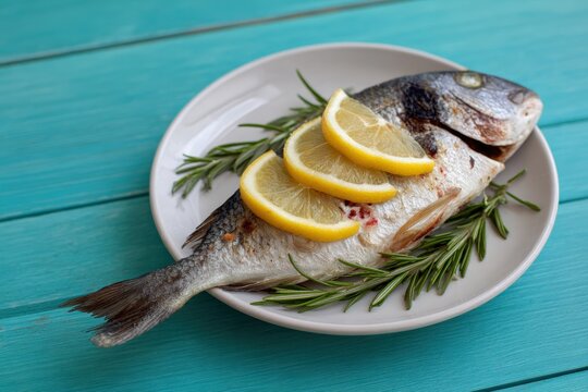 Grilled whole seabream with lemon wedges and rosemary on a white plate over turquoise wooden surface, bright coastal styling