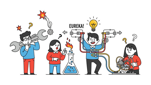 Eureka Moment in Scientific Endeavor: A cartoon illustration captures a vivid scientific breakthrough, with characters in a lab environment experiencing moments of discovery. Experimentation.