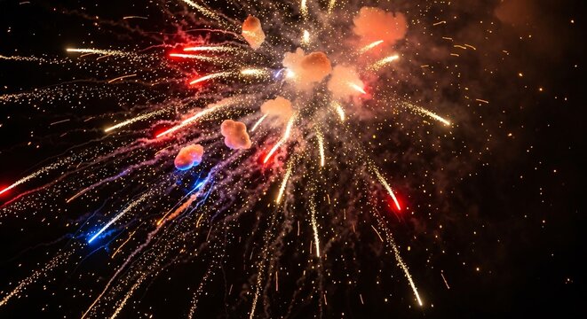 Colorful fireworks exploding in dark night sky celebration.