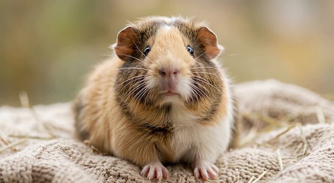 Cute Tricolor Guinea Pig Sitting on Soft Knitted Blanket
