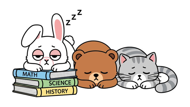 Sleepy Study Buddies: A charming scene of a rabbit, a bear, and a cat, each resting peacefully upon a stack of colorful books, embodying the gentle exhaustion of study.
