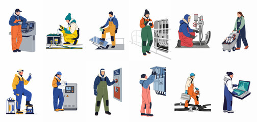 Fototapeta premium Set of industrial workers and engineers in protective winter gear performing maintenance, monitoring, and technical tasks across various energy and manufacturing sectors.