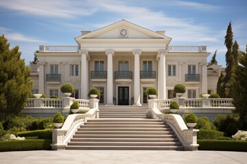 Naklejka premium Elegant neoclassical mansion featuring a grand entrance staircase, towering columns, and manicured topiary gardens