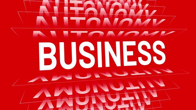 Business text overlay with autonomy repetition on red background, dynamic effect