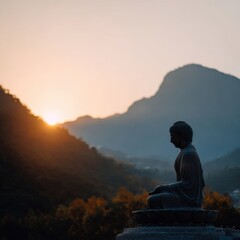 Obraz premium Buddha male adult statue sunset side profile on a mountain ledge with warm glow, meditative pose against distant peaks and soft evening light
