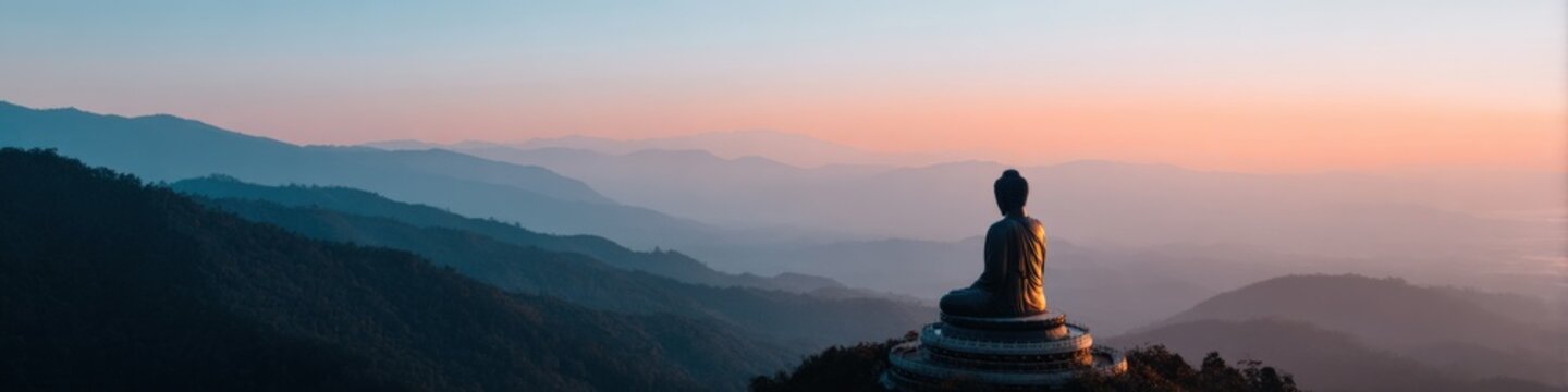 Back view of meditative buddha statue overlooking expansive layered mountain panorama at sunrise with soft pink and blue hues