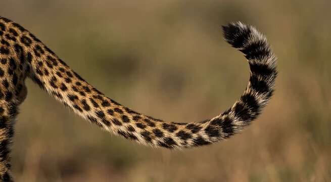 Close up view of a spotted cheetah tail curled in the wild