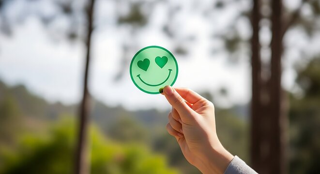 Hand holding green smiley face with hearts for eyes, symbolizing happiness and love, set against a backdrop of nature and trees, evoking joy and positivity.
