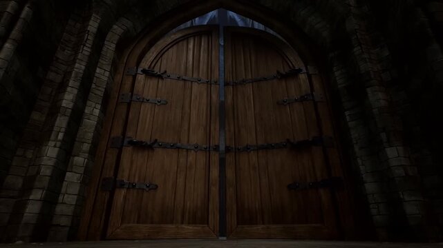 Static shot of wooden doors opening and closing to reveal stone cathedral hall interior at evening with slow motion tracking movement