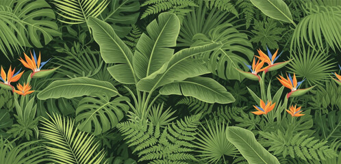 Lush Tropical Jungle Background with Banana Leaves, Monstera Foliage and Exotic Bird Flowers, Dense Botanical Nature Illustration © salsabil