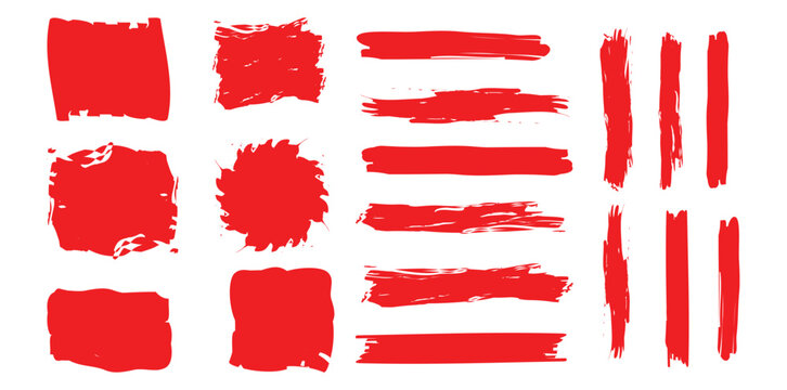 Set of different ink paint brush strokes isolated on white background. Red square shapes with ripped jagged borders. Vintage grunge boxes for collage, text, banner, sticker design.