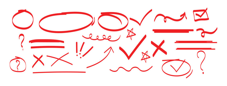 Hand drawn pen line highlight red set. Line pen hand drawn marker stroke red underline, check mark, emphasis. Arrow, star, round frame marker scribble stroke icon elements. Vector illustration