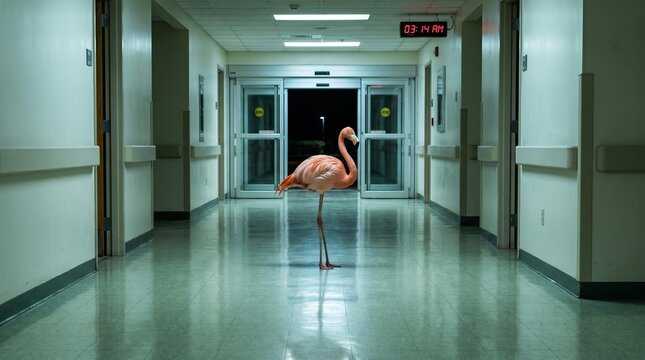 Surreal Scene: Flamingo in a Quiet Hospital Corridor