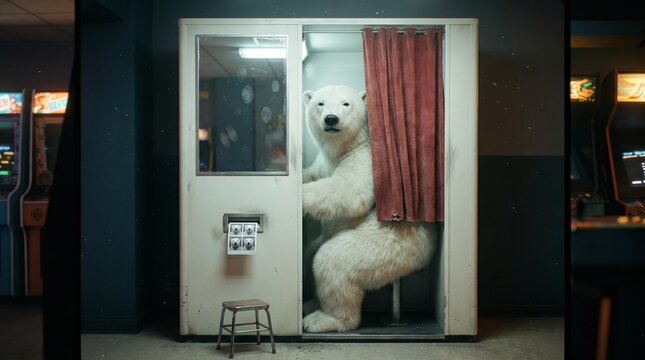 Surreal Moment: Polar Bear in Vintage Photo Booth