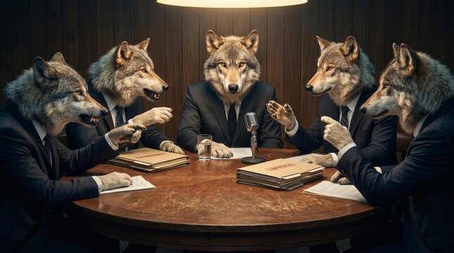 Corporate Wolves: Surreal Business Meeting with Wolf Pack