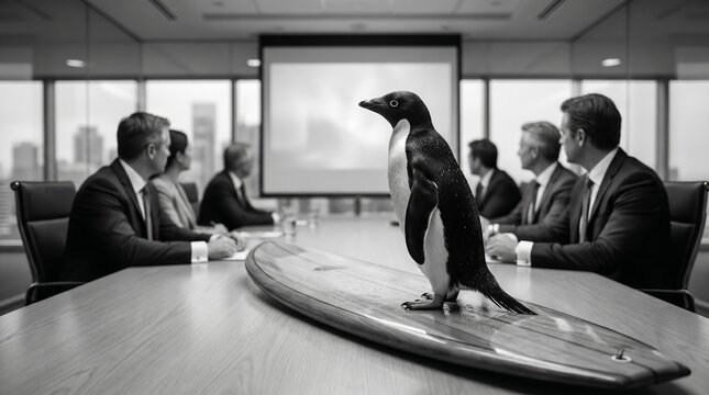 Out of Place: Penguin on Surfboard in Grayscale Corporate Office
