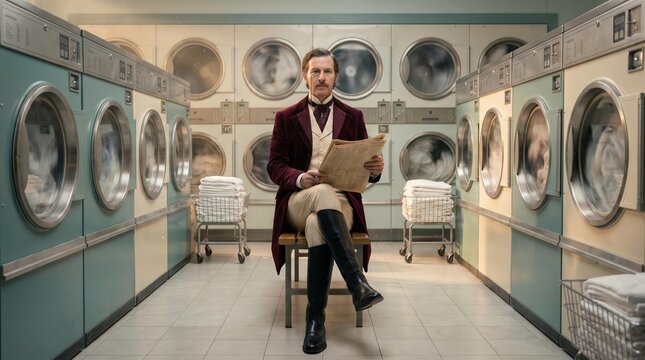Victorian Gentleman with Monocle in a Modern Laundromat