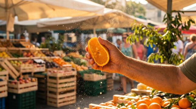 Fresh Squeeze: Burst of Orange Juice at Sunlit Outdoor Market