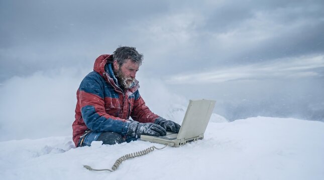 Extreme Remote Work: Man with Frozen Beard using Laptop in Blizzard