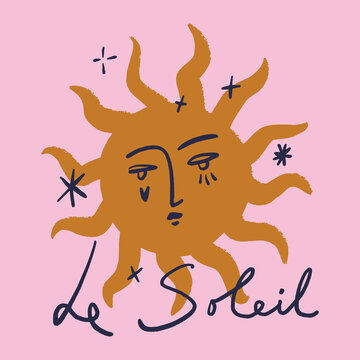 Elegant hand-drawn lettering Le Soleil The Sun in modern calligraphy style. Decorative typography with artistic strokes, perfect for posters, greeting cards, branding, packaging, apparel design, and
