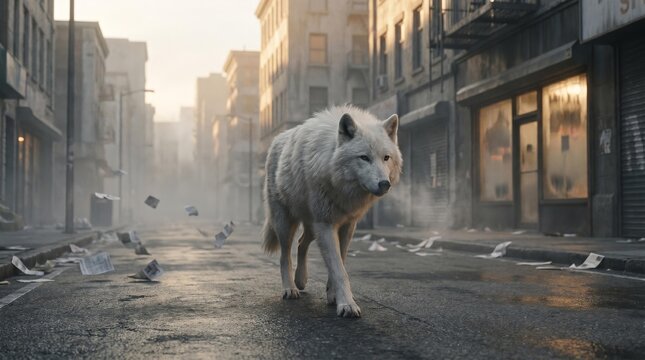 Wild Encounter: Majestic White Wolf Roaming Empty Urban Streets