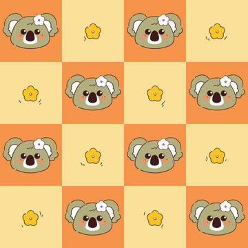 cute patchwork pattern with hand drawn cartoon koala and flower