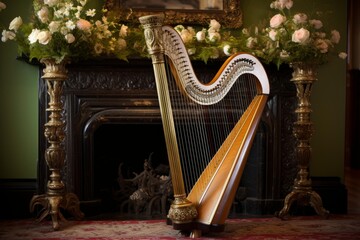 Naklejka premium Golden harp standing in an elegant interior setting with a fireplace and floral arrangements