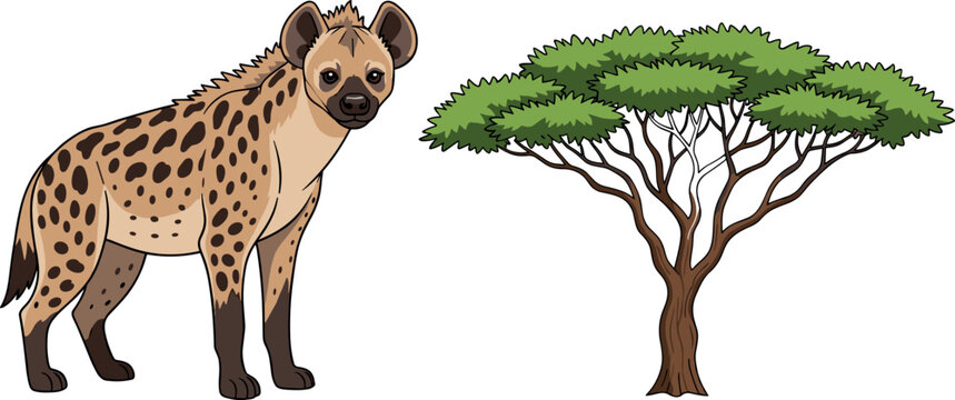 Cartoon Spotted Hyena Standing Beside an African Acacia Tree Illustration for Wildlife, Safari, and Savanna Animal Design Projects