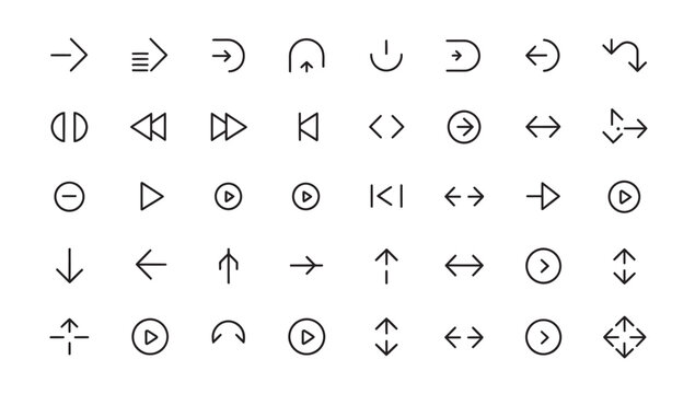 Collection of diverse arrow icons for navigation, playback, and direction in vector format.