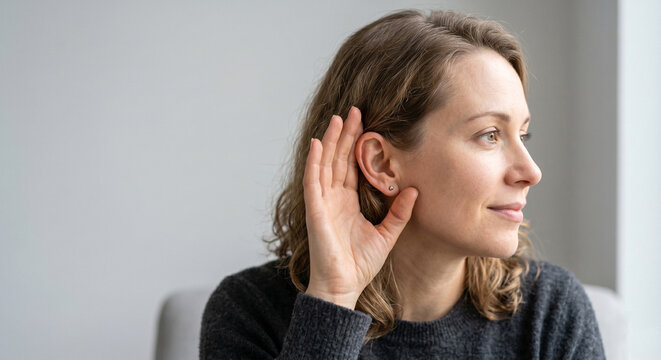 Curious young woman holding hand near her ear to listen closely or eavesdrop against a neutral background