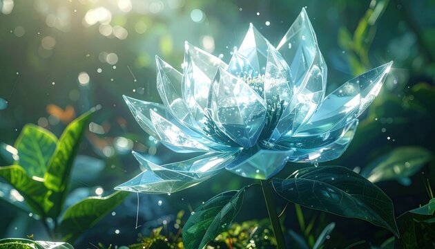 A shimmering crystalline lotus flower blossoming in a radiant garden, representing the complex nature of quantum parallelism through a fusion of organic beauty and advanced science.