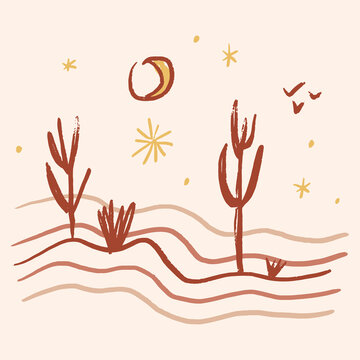 Minimalist desert landscape with cactus vector, hand drawn western boho logo style, desert illustration, line art nature scene