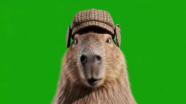A curious capybara wearing a classic Sherlock Holmes style deerstalker hat, looking directly at the camera against a vibrant green screen background.