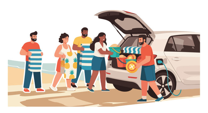 family loading car trunk with beach gear on sandy shore