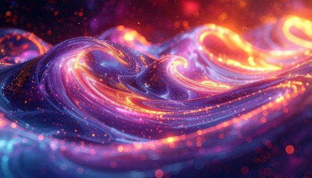 Ethereal abstract fluid simulation showing a vibrant quantum wave function collapse, featuring glowing orange and purple energy ripples moving through a deep cosmic space environment.