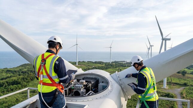 Male industrial engineers wearing safety helmets and reflective vests inspecting wind turbine nacelle components checking machinery with digital tablets at green hilltop renewable