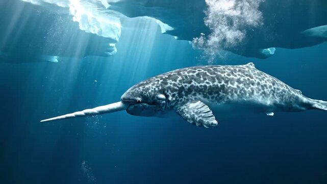 Majestic Narwhal Beneath Frozen Surface. Quiet Arctic Waters Reveal Solitary Narwhal With Spiraled Tusk. Tranquil Aquatic Environment Displaying Lone Narwhal Swimming Beneath Icy Arctic Surface