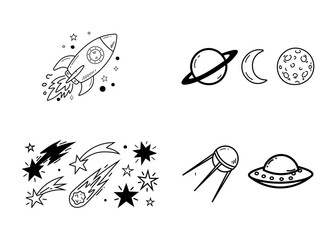 space exploration hand drawn icon set with rocket ufo and planets © MdRaisul
