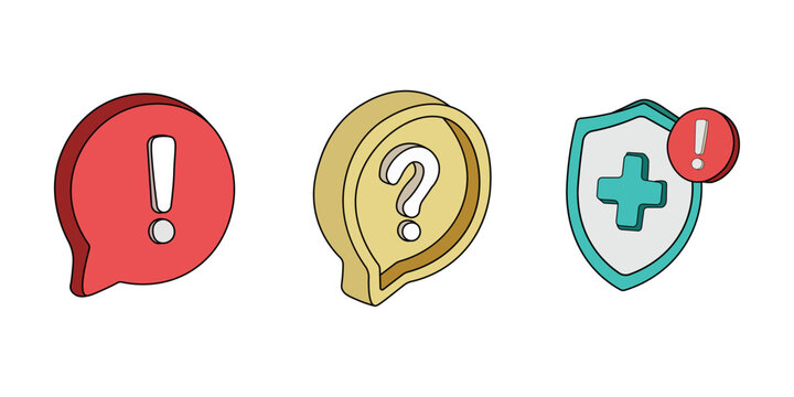 isometric support icons set with exclamation mark question and shield