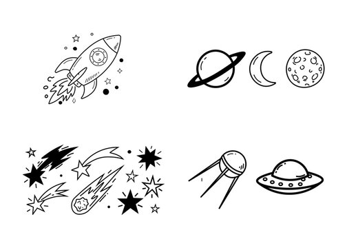 space exploration hand drawn icon set with rocket ufo and planets