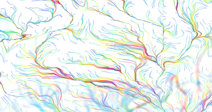 Abstract pattern with colorful lines, shapes, and textures creating a visual flow on whit