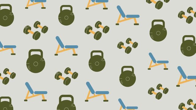 Fitness Gym Equipment and Dumbbell Seamless Pattern Background, workout concept.