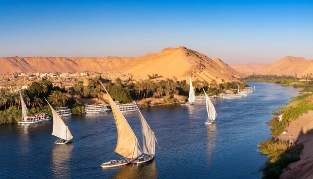 aerial panoramic view of the nile river with feluccas traditional egyptian sailing boats in aswan egypt