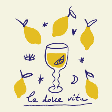 La dolce vita Mediterranean summer lemon illustration, hand-drawn ink and paint lettering, artistic sketch with vibrant fruit and leaves, aesthetic wall art vector clipart.